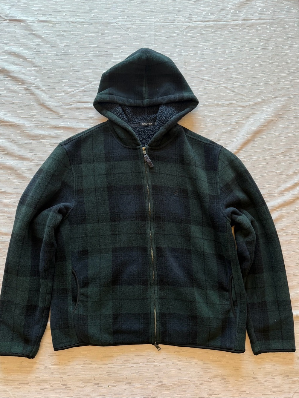 Nautica Men's Dark Green and Black Plaid Zip-Up Hooded size L
